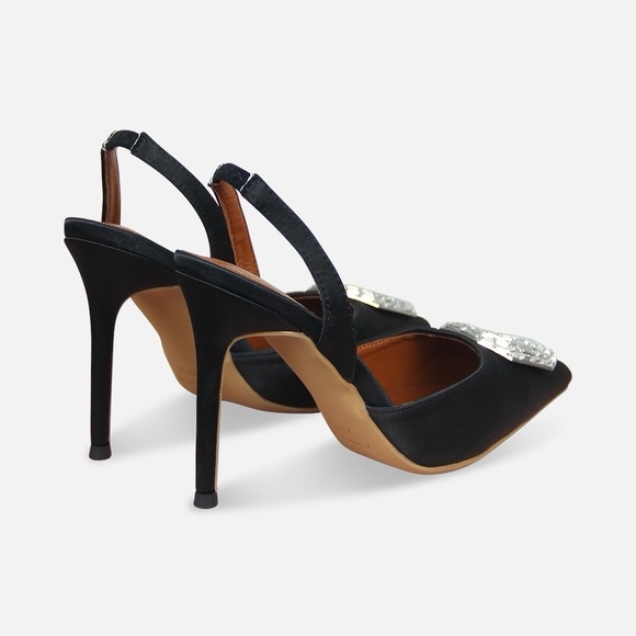 Amina Camelia Stiletto Slingback Pumps in Black Satin, Women, Black, Pumps, Heel - Picture 2 of 5